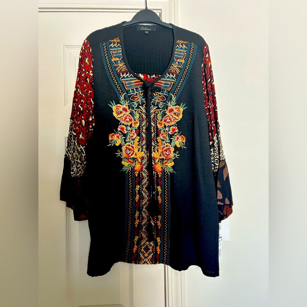 Calessa Women’s Plus Tunic Boho Mixed Print 1x NWT